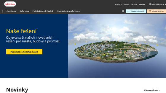 Veolia website hero section with innovative solutions for cities, buildings, and industry and a detailed cityscape image