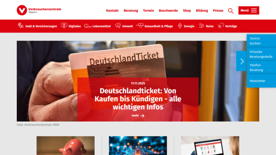 Verbraucherzentrale Bayern homepage with navigation and featured article about Deutschlandticket info from purchase to cancellation