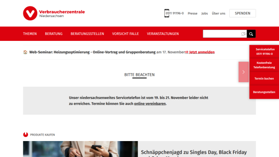Verbraucherzentrale Niedersachsen website with navigation, service notice about phone availability Nov 19-21, and Black Friday deals