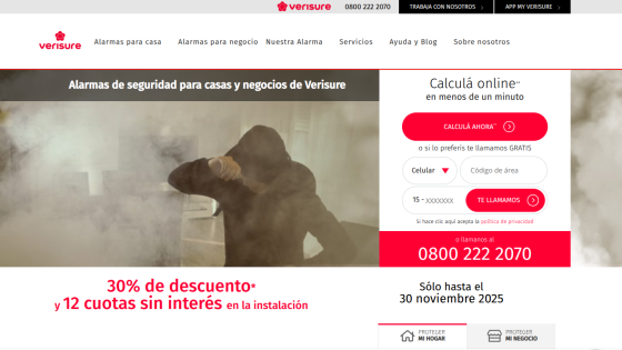Website homepage showing security alarms for homes and businesses with a 30% discount offer and online quote calculator.