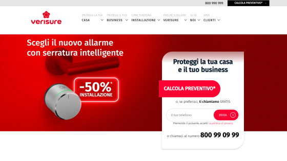 Verisure homepage offering a smart lock alarm with 50% installation discount and a form to calculate a quote or request a callback