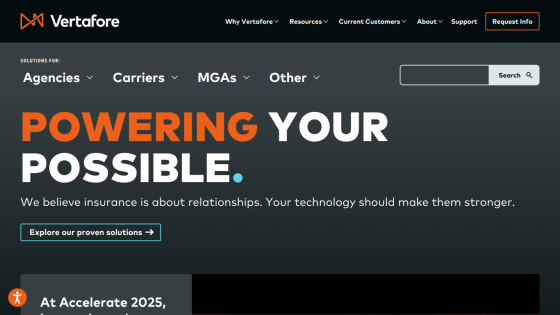 Homepage of Vertafore featuring the tagline 'POWERING YOUR POSSIBLE.'