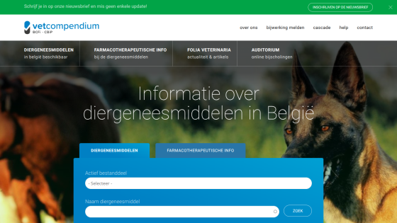 Veterinary medicine information in Belgium with navigation menu and search form over a dog background