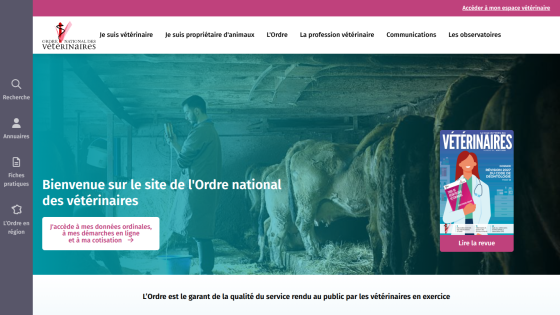 Homepage of the French National Order of Veterinarians with navigation menu and welcome message over image of a veterinarian with cows