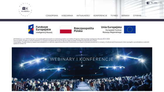 Website header with navigation and a hero image promoting webinars and conferences.