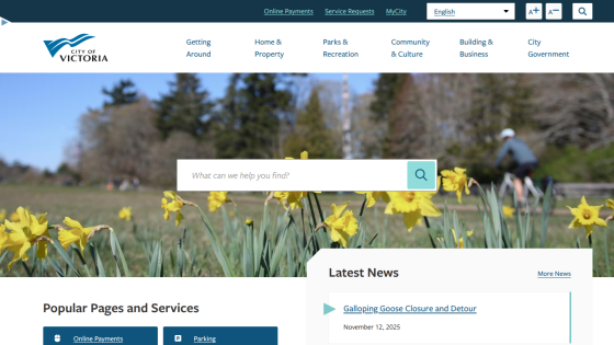 Government website homepage with search bar, popular services, and latest news updates