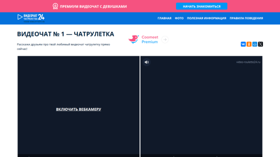 Video chat website with header, navigation, and webcam activation prompt in Russian