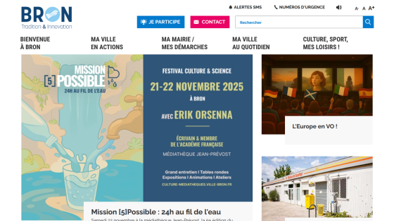 Bron city website with event announcements including Mission Possible water event and Culture & Science festival in November 2025