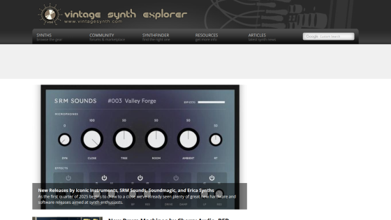 Vintage Synth Explorer homepage featuring a synth interface and navigation options.