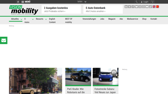 Website header with navigation and three featured articles about robotaxis and Subaru cars