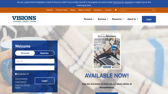 Visions Federal Credit Union login form for personal and business accounts with a magazine promotion