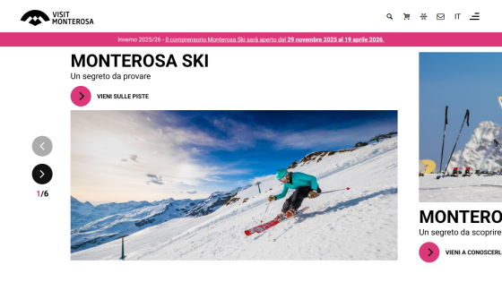Monterosa Ski website promoting skiing with dates for winter 2025/26 and a skier on a snowy mountain slope