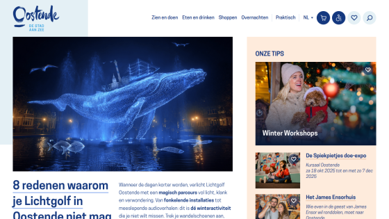 Oostende tourism site highlighting a magical light whale installation and winter workshops with event tips