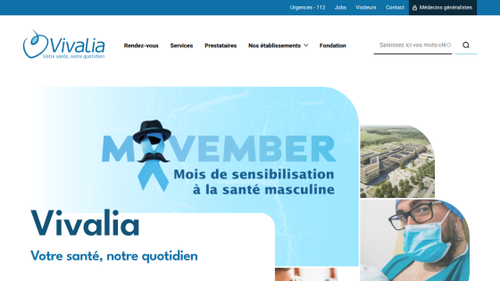Vivalia healthcare site promoting Movember men's health awareness with navigation and search