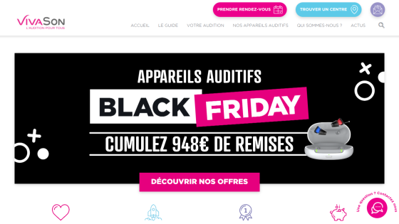 VivaSon website header with navigation and Black Friday hearing aid discount offer of 948 euros