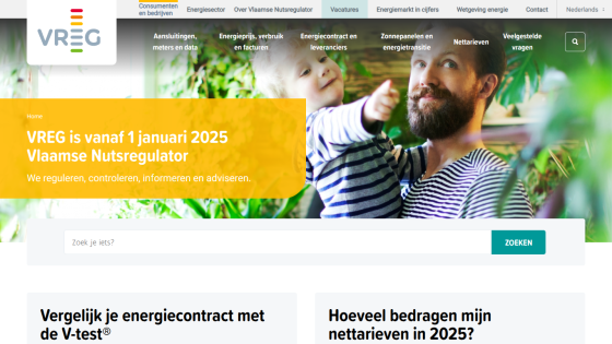 VREG homepage announcing it as Vlaamse Nutsregulator from January 1, 2025, with navigation and search bar