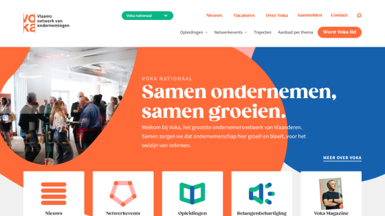 Voka national business network homepage with headline about growing entrepreneurship and navigation menu