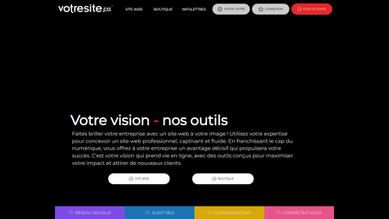 Website section promoting tools and vision with call-to-action buttons.