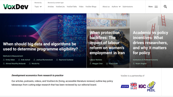 VoxDev homepage featuring articles on big data algorithms, labour reform in Iran, and policy incentives for researchers