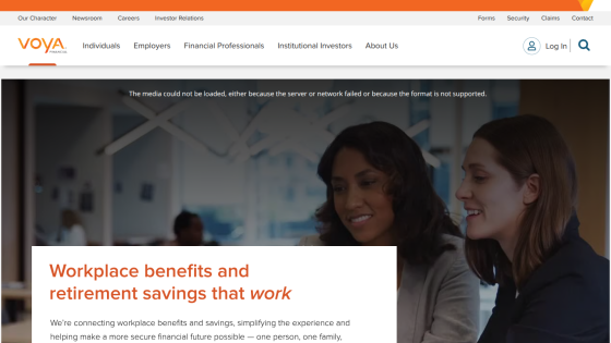 Voya homepage showcasing workplace benefits and retirement savings with two women discussing.
