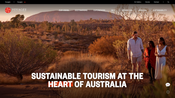 Website promoting sustainable tourism in Australia with a scenic outback background and people walking