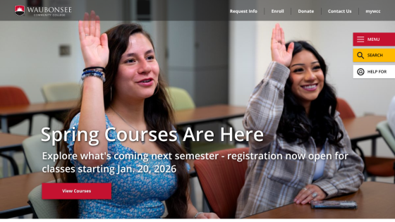 Waubonsee Community College homepage promoting spring courses with registration open for classes starting Jan. 20, 2026