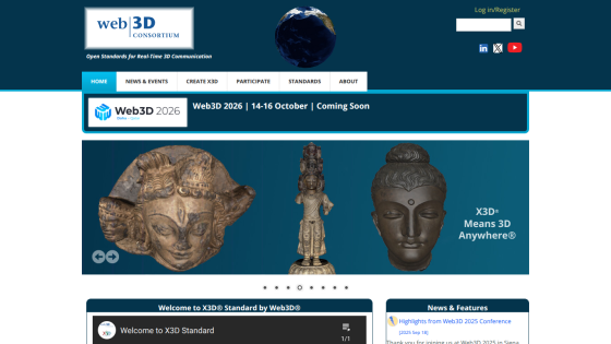 Web3D 2026 conference homepage with 3D Mayan sculptures and event dates October 14-16