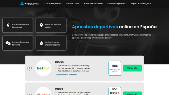 Online sports betting in Spain with welcome bonuses and casino offers, featuring Bet365 and Luckia promotions.