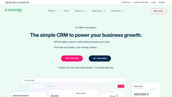 WebCRM homepage with headline about simple CRM for business growth, trial and demo buttons, and partial dashboard image