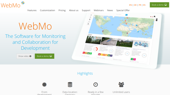 WebMo software for monitoring and collaboration with options to show video or book a demo, plus highlights of features