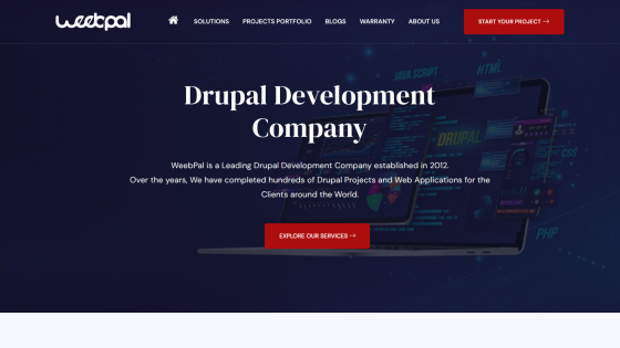 Drupal Development Company homepage with navigation and call to action to explore services