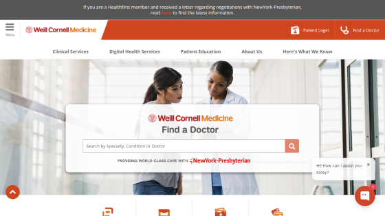 Homepage of Weill Cornell Medicine featuring a doctor search function and navigation options.