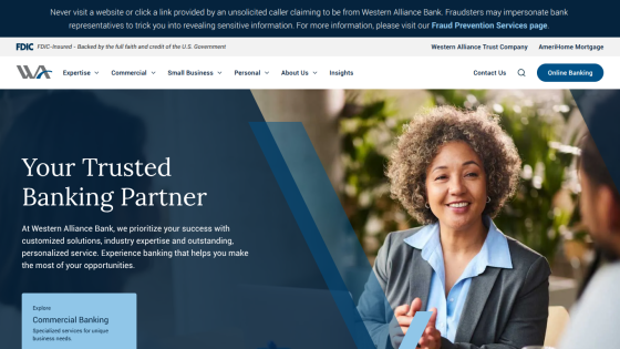 Western Alliance Bank homepage with navigation, headline 'Your Trusted Banking Partner', and smiling woman hero image