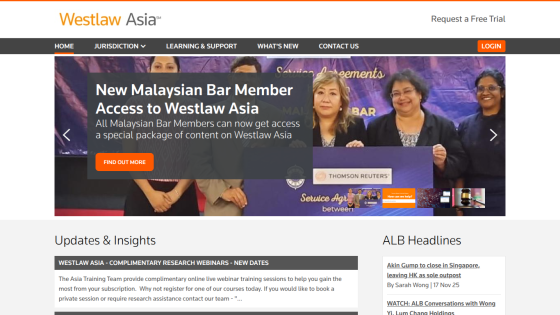 Westlaw Asia homepage with navigation menu, hero banner about Malaysian Bar Member access, and updates and headlines sections