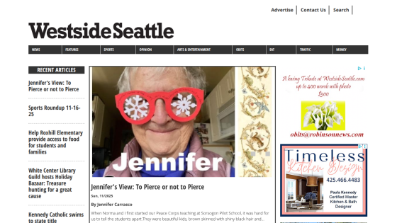 Westside Seattle news site with navigation, recent articles list, and featured article titled 'Jennifer's View: To Pierce or not to Pierce'