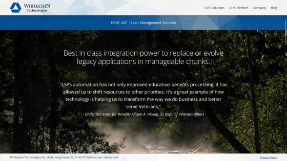 Whitestein Technologies homepage with navigation and testimonial about LSPS automation improving education benefits processing