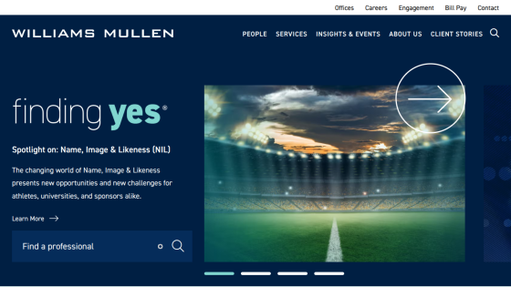 Williams Mullen homepage featuring 'finding yes' spotlight on Name, Image & Likeness with a stadium image and search option