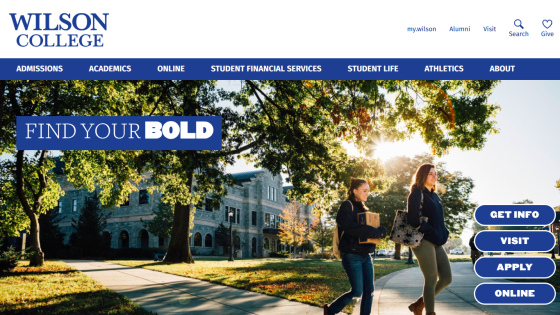 Wilson College homepage with navigation and a hero image of students walking on campus under trees