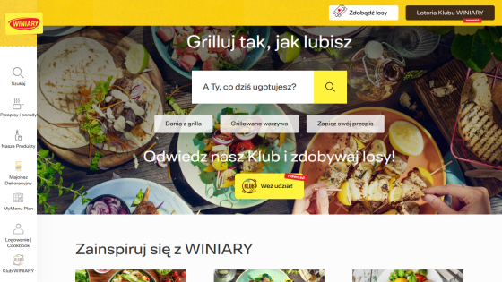Homepage featuring grilled food options with a search bar and promotional text.