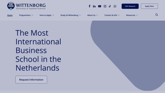 Wittenborg University homepage highlighting it as the most international business school in the Netherlands with request information button