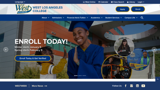 West Los Angeles College homepage with enrollment call to action and navigation menu