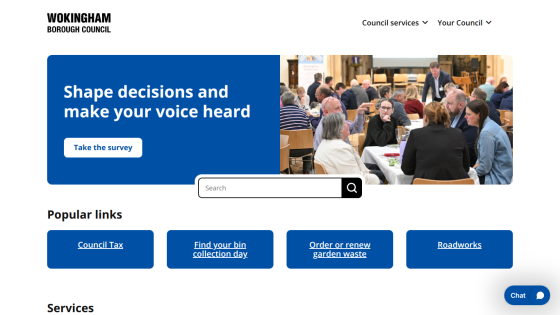 Wokingham Borough Council homepage with a survey call to action and search bar above popular links