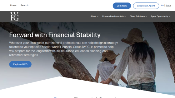 World Financial Group homepage with headline about financial stability and a call to explore WFG services
