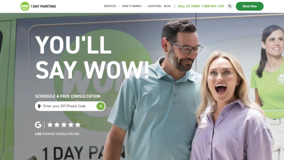 WOW 1 Day Painting homepage with headline 'You'll Say WOW!' and a free consultation ZIP code entry form