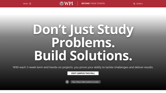 WPI homepage featuring a call to action about building solutions through hands-on projects.