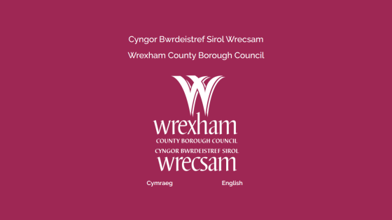 Wrexham County Borough Council logo with language options in Welsh and English on maroon background