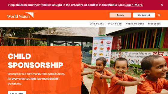 World Vision website promoting child sponsorship with engaging visuals and key information.