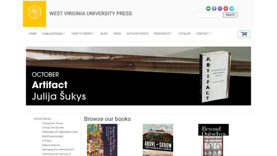 West Virginia University Press homepage featuring October book Artifact by Julija Šukys and browse books section