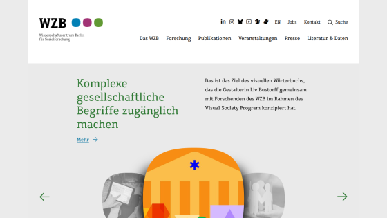 Homepage of WZB with a colorful illustration and text about making complex social concepts accessible.