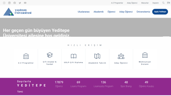 Homepage of Yeditepe University with navigation and key information displayed.